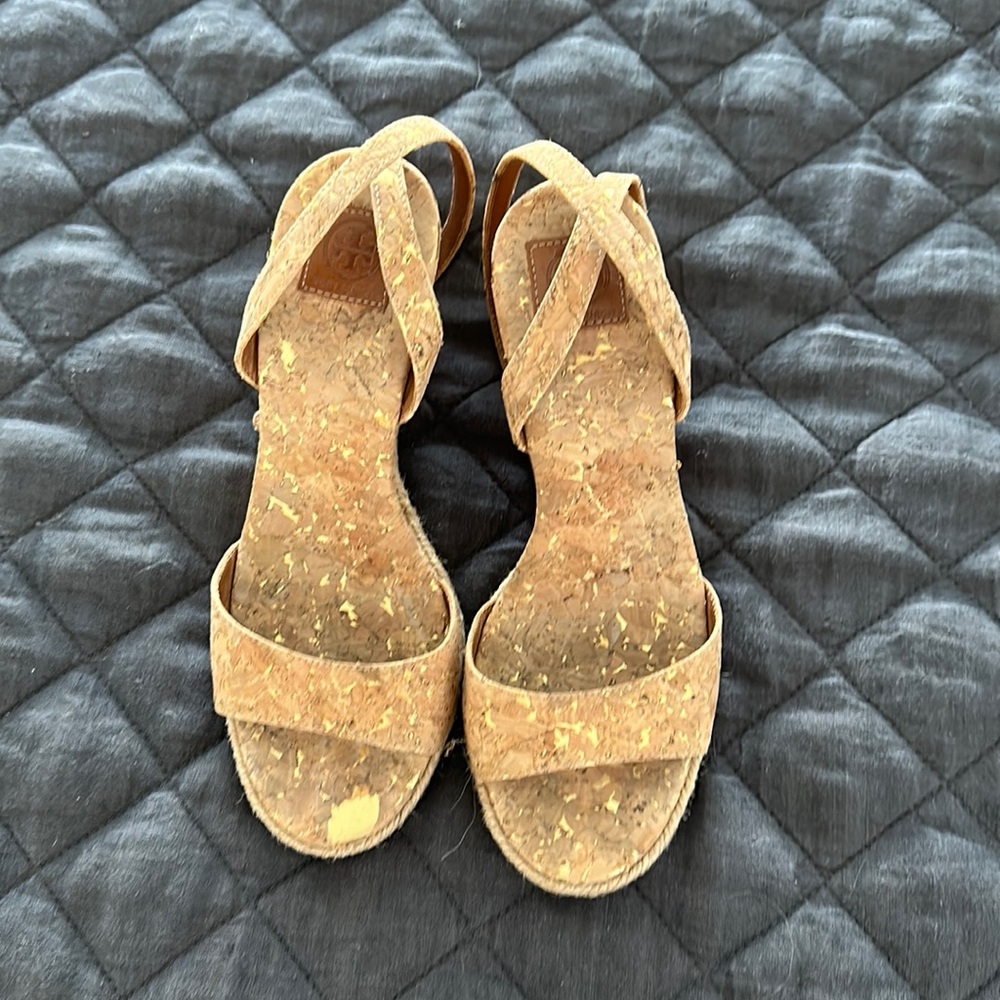 Tory, Burch, Cork, and gold wedge, size 6